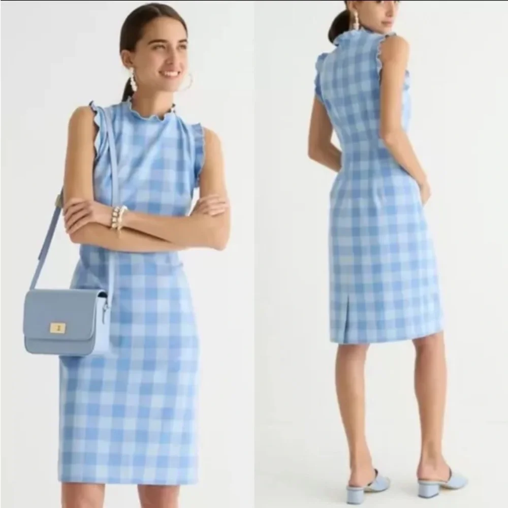 NWT J. Crew Gingham Stretch Crepe Ruffle-Trim Sheath A-Line Lined Midi Dress 16 - Picture 1 of 6